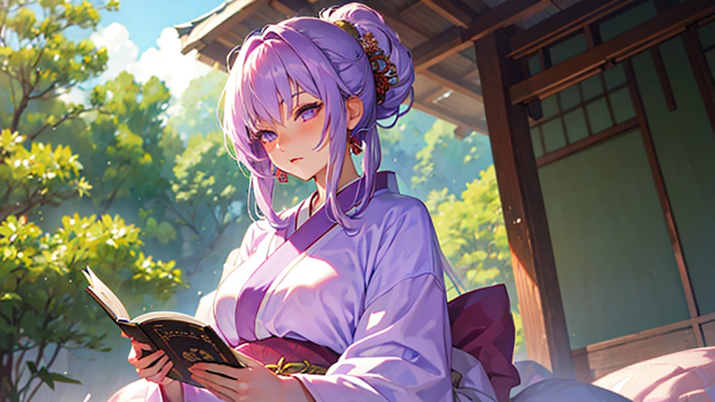 woman　clear　Light purple hair　　kimono　　Anime Style　reading　literature　Study
