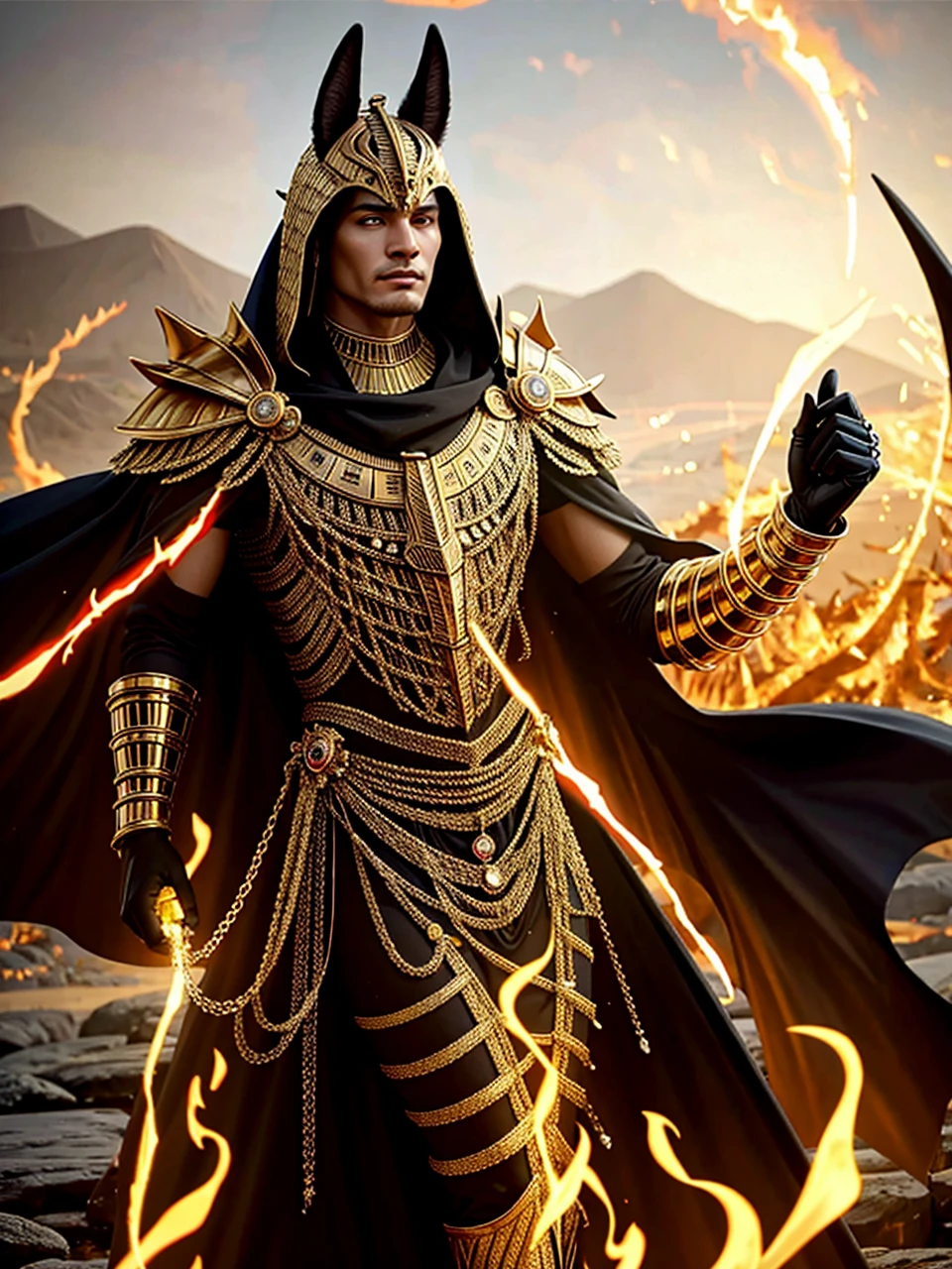(high quality), photorealistic, (oil painting)
jewelry, (solo),
(dynamic pose), towards right, ((hell gate)), fire, hell landscape, (the underworld), (dark landscape),
anubis, egyptian jackal headed god, anthro, muscular, (holding golden scales), dynamic pose, cinematic, dramatic camera angle, golden armor:0.25, black & gold cape, (good anatomy), (good proportions), award winning, masterpiece, centered,