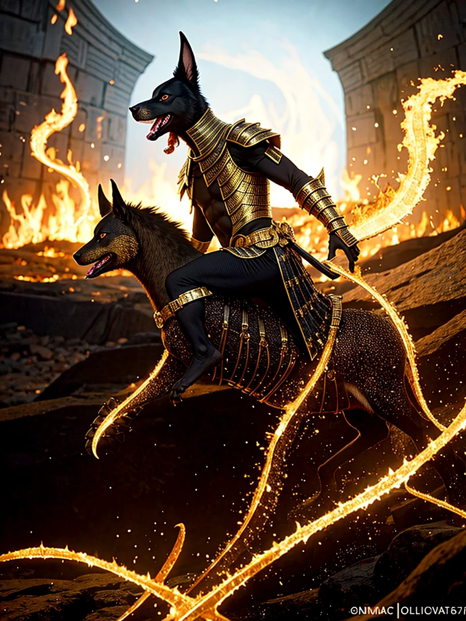 (high quality), photorealistic, (oil painting)
jewelry, (solo),
(dynamic pose), towards right, ((hell gate)), fire, hell landscape, (the underworld), (dark landscape),
anubis, egyptian jackal headed god, anthro, muscular, (holding golden scales), dynamic pose, cinematic, dramatic camera angle, golden armor:0.25, black & gold cape, (good anatomy), (good proportions), award winning, masterpiece, centered, 