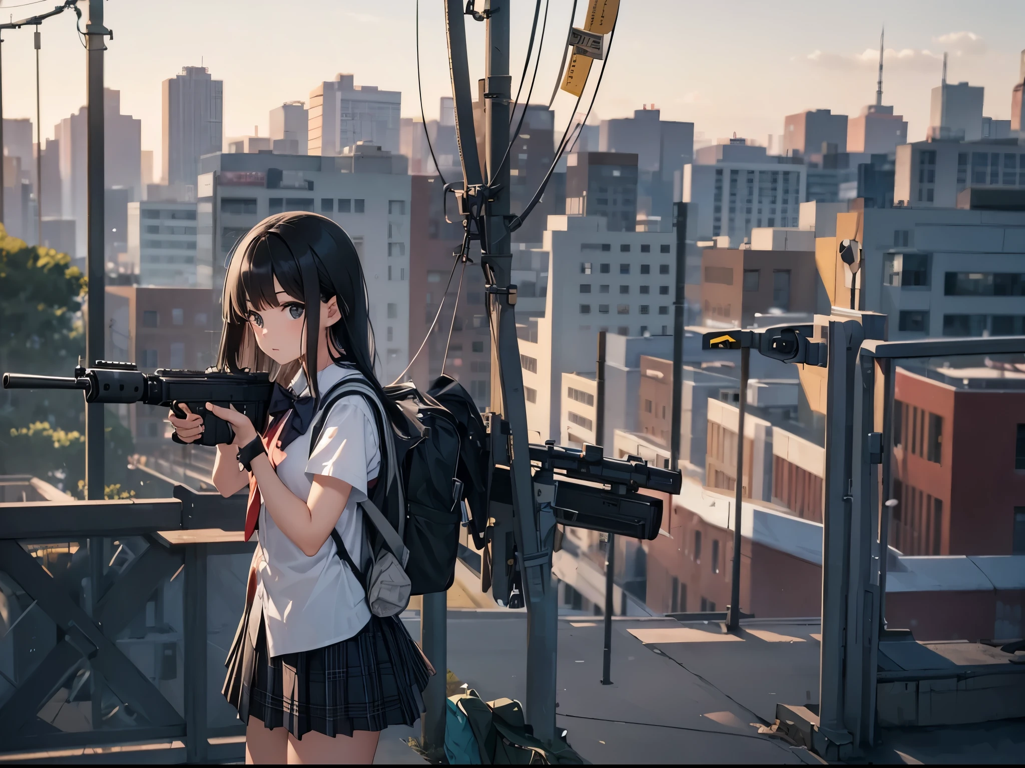 1girl, solo, long hair, looking at viewer, skirt, shirt, black hair, bow, holding, , white shirt, weapon, pleated skirt, outdoors, socks, bowtie, bag, holding weapon, blurry, black eyes, gun, plaid, kneehighs, backpack, ground vehicle, black socks, building, holding gun, motor vehicle, handgun, school bag, car
