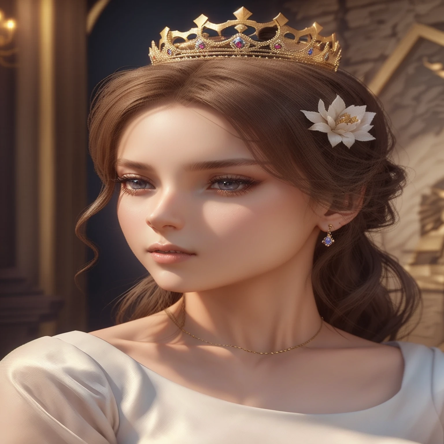 There is a woman in a white dress with a crown on her head, a beautiful fantasy queen, ((beautiful fantasy queen)), a portrait of a princess, a work of art in the Guvez style. 5D CGI anime fantasy artwork, 8K high quality detail art