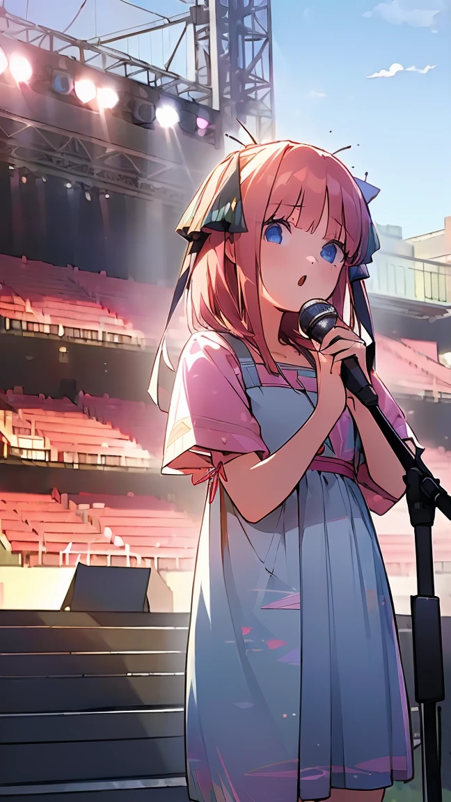 ((masterpiece, best quality)),very detailed, simple eyes, ((((outdoors,standing)))), (((blue eyes))), 1girl, (((kawai dress))), (((sing))), (((stage live live))), (((use microphone))),, nakano nino, 4k, extremely fine illustration, pink silky hair, hair ribbons