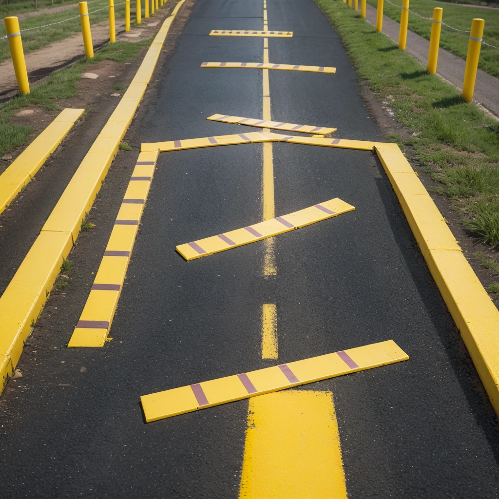 Create a fun rectangular design with the yellow background, in the image a path game with obstacles and hamburgers on the way