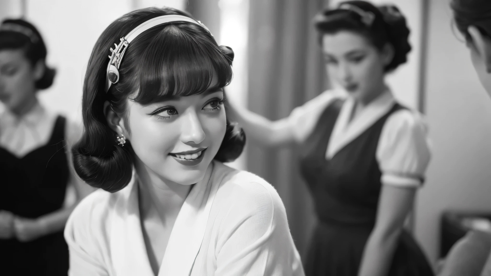 (1940s cute girl:1.3), (1girl:1.3), (smile shyly), (highly detailed face), (extremely detailed beautiful face), (Early Showa hairstyle, retro hairstyle, 1940 fashionable clothing, oldies fashion:1.4), (Best Quality:1.4), (Ultra-detailed), extremely detailed CG unified 8k wallpaper, Realistic portrait, Beautiful detailed, High-definition raw color photos, professional photography, (fine face:1.2), focus on women, (oldies, oldies songs, Old photos, retro photos, sepia photos, black and white photos, valuable photos that give you a sense of the times), (A scene from a retro dance musical movie from the 1940s:1.2),