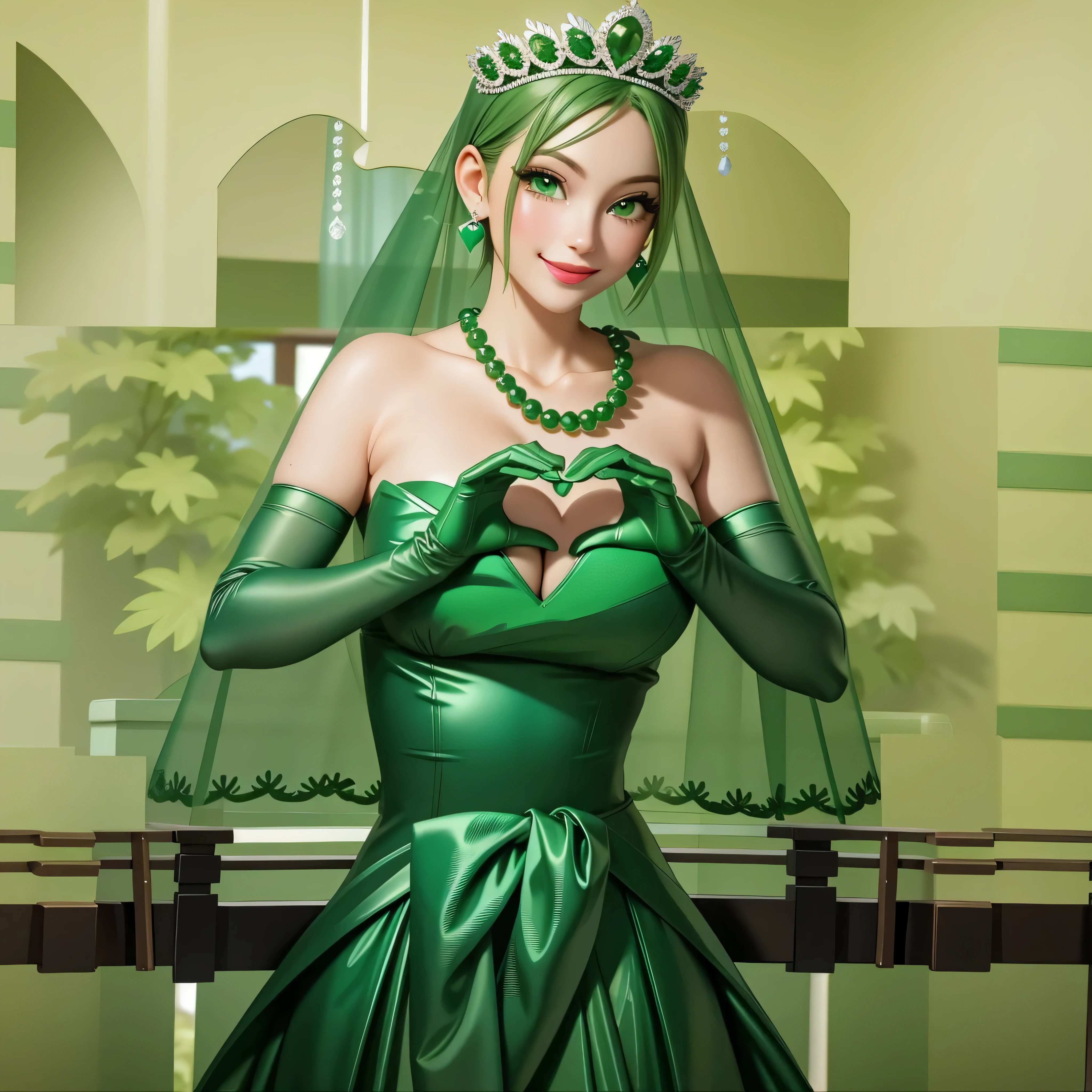 emerald tiara, Green Pearl Necklace, Boyish very short green hair, Green Lips, Smiling Japanese woman, Very short hair, Busty beautiful lady, Green Eyes, Green satin long gloves, Green Eyes, Emerald Earrings, Green veil, Heart with both hands, Green Hair, Beautiful Japanese Woman, Heart shaped hands:1.3, green lip gloss