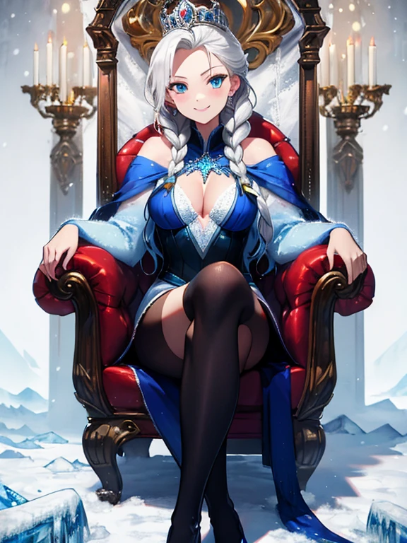 Queen, The snow queen, whole body, android１８Number, (Frozen, ice, silver, luxurious, heavy, throne of power), Leg spread, (masterpiece), highest quality, Fearless smile, 1girl, uhd, retina, masterpiece, ccurate, anatomically correct, textured skin, super detail, high details, high quality, best quality, highres, 4K