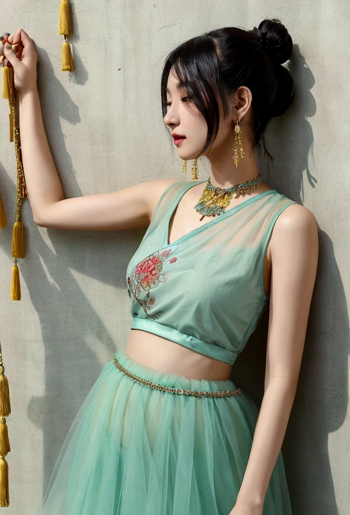Chinese Beauty ,Upper Body, Gorgeous clothing with exquisite embroidery, Flowing tulle, Long transparent colored ribbon tied around the arm, Inspired by the Dunhuang Flying Apsaras murals, Show your belly button, Bare shoulders, bare neck, Black curly hair,High bun,Hairpin with flowers, Ribbon on armband, wreath, bracelet, Anklets, Metal chain tassels at waist, Mogao Grottoes Art, Ink Painting, cgstation pop music