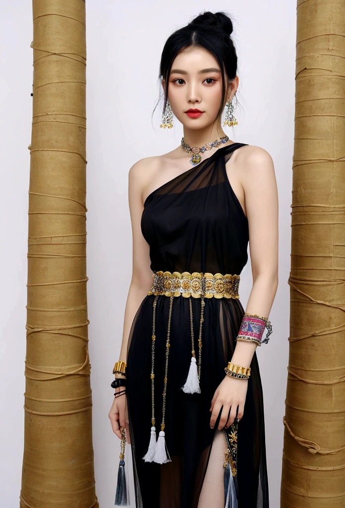 Chinese Beauty ,Upper Body, Gorgeous clothing with exquisite embroidery, Flowing tulle, Long transparent colored ribbon tied around the arm, Inspired by the Dunhuang Flying Apsaras murals, Show your belly button, Bare shoulders, bare neck, Black curly hair,High bun,Hairpin with flowers, Ribbon on armband, wreath, bracelet, Anklets, Metal chain tassels at waist, Mogao Grottoes Art, Ink Painting, cgstation pop music