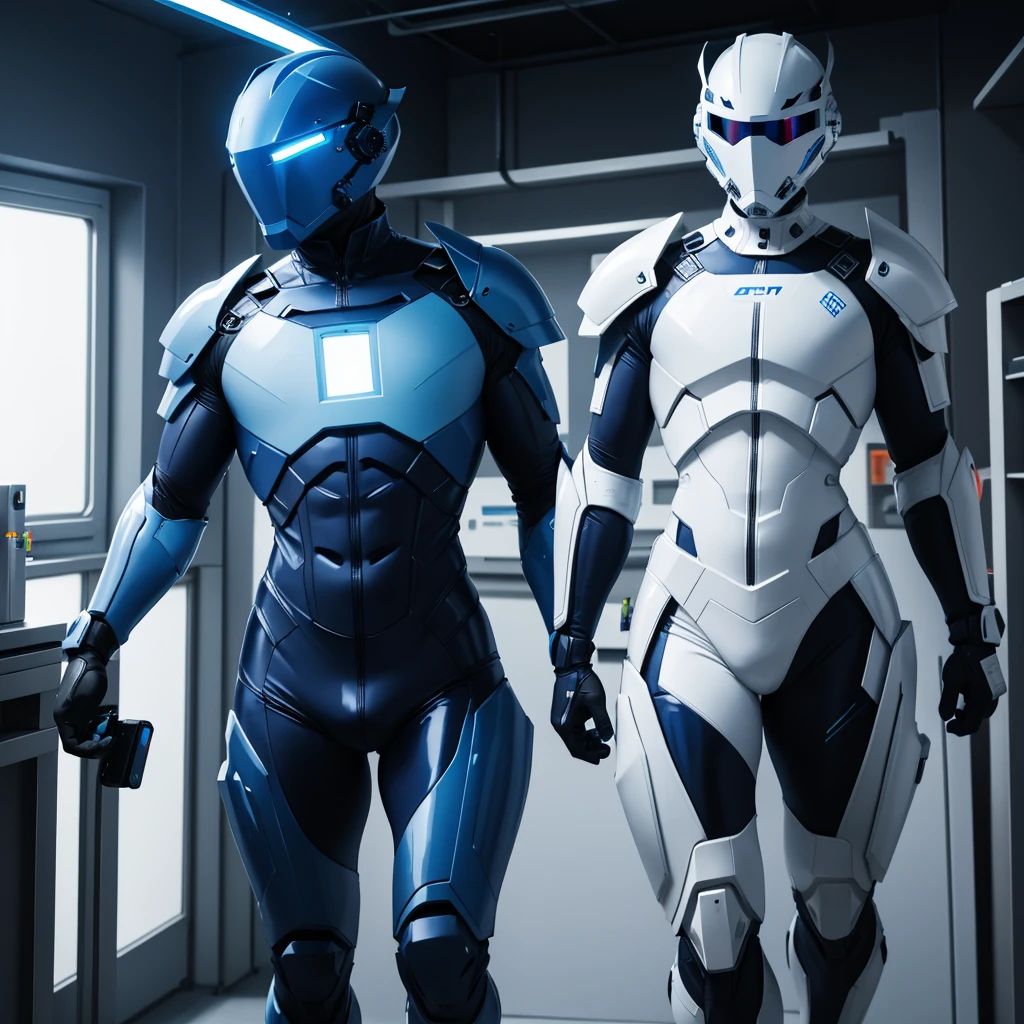 (masterpiece), (best quality), (high res) Solo, (perfect anatomy) Dronificated unknown femenine man in a fully (enclosed blue latex full body armor) (white LEDs across the suit) (white glowing core in the chest), (enclosed cyber helmet) that cover his whole face and hides his identity with a white screen, flat chest, narrow waist, wide hips and thick thigs, (no face) no face, no hair, no mouth, no eyes, in a lab