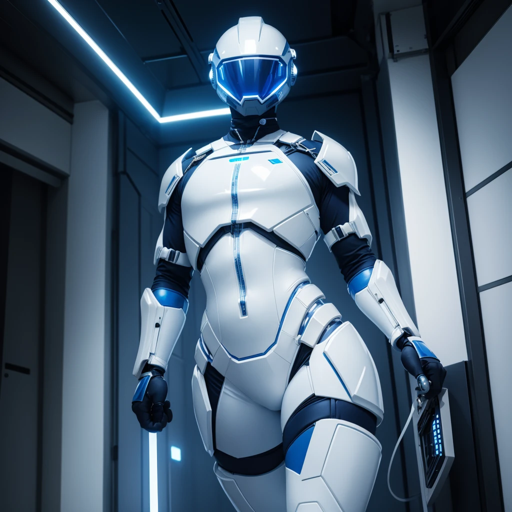 (masterpiece), (best quality), (high res) Solo, (perfect anatomy) Dronificated unknown femenine man in a fully (enclosed blue latex full body armor) (white LEDs across the suit) (white glowing core in the chest), (enclosed cyber helmet) that cover his whole face and hides his identity with a white screen, flat chest, narrow waist, wide hips and thick thigs, (no face) no face, no hair, no mouth, no eyes, in a lab