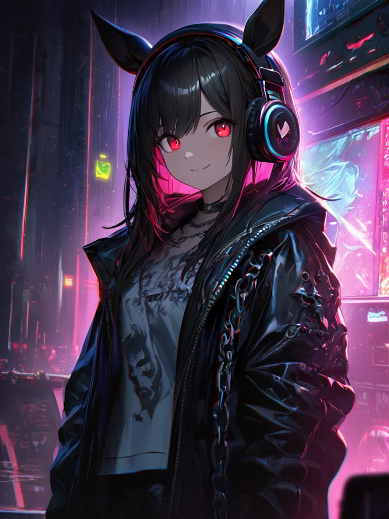 1 Girl, chromatic aberration, Written boundary depth, Soft Light, masterpiece, Highest quality, complicated, Tone Mapping, Very detailed, Art Station, Concept Art, Smooth, Clear focus, Dramatic lighting, Very detailed artwork, movie, super practical painting, Art Station's trending, 8K, Incredible Shadows, practical, (Very detailed background:1.0), whole body, View, Viewers, Very detailed portrait of one girl 1, standing on street corner, Heavy rain and lightning、Dark Sky, neon and cyber punk background, she is dressed in punk clothing with silver chains and Prettyspikes, Her hair was dyed a bright black color.,The middle part is black, She is wearing headphones, Detailed red eyes with clear pupils, Ominous aura of light, smile, punk, ciber punk, Backlight.Has horse ears、No knowledge of horses'tail、