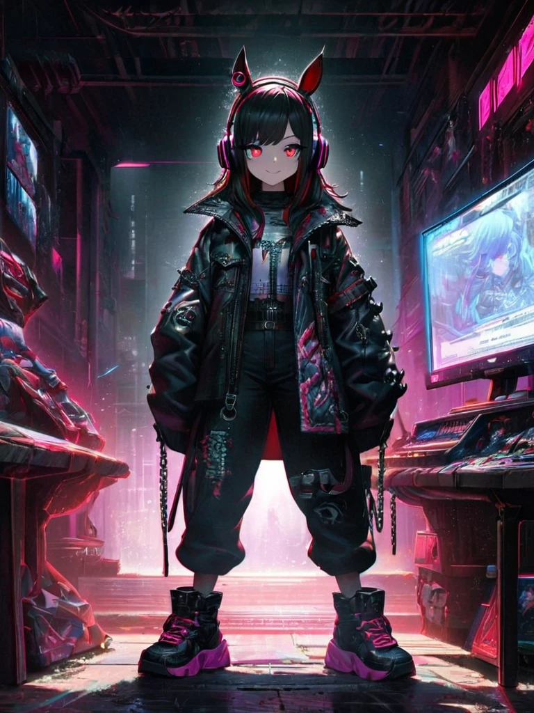 1 Girl, chromatic aberration, Written boundary depth, Soft Light, masterpiece, Highest quality, complicated, Tone Mapping, Very detailed, Art Station, Concept Art, Smooth, Clear focus, Dramatic lighting, Very detailed artwork, movie, super practical painting, Art Station's trending, 8K, Incredible Shadows, practical, (Very detailed background:1.0), whole body, View, Viewers, Very detailed portrait of one girl 1, standing on street corner, Heavy rain and lightning、Dark Sky, neon and cyber punk background, she is dressed in punk clothing with silver chains and Prettyspikes, Her hair was dyed a bright black color.,The middle part is black, She is wearing headphones, Detailed red eyes with clear pupils, Ominous aura of light, smile, punk, ciber punk, Backlight.Has horse ears、No knowledge of horses'tail、