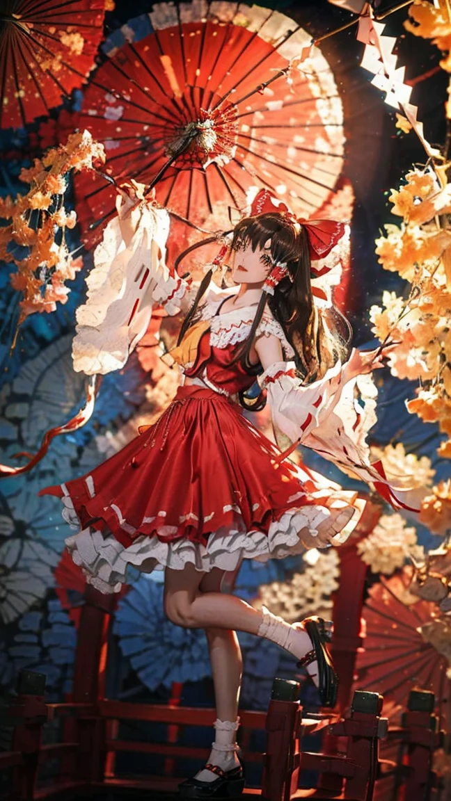 Reimu Hakurei, (Brown eyes:1.5), Brown Hair, bow, hair bow, Hair Tube, Long Hair, red bow, Side Lock, Ascot, Bare shoulders, Black footwear, Removable sleeves, embellished costume, Frills, kimono, Non-traditional Shrine Maiden, red skirt, Sandals, sarashi, skirt, socks, White sleeves, white socks, Wide sleeves, yellow Ascot, Zouri, mini red skirt