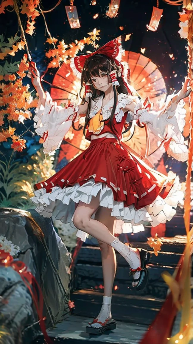 Reimu Hakurei, (Brown eyes:1.5), Brown Hair, bow, hair bow, Hair Tube, Long Hair, red bow, Side Lock, Ascot, Bare shoulders, Black footwear, Removable sleeves, embellished costume, Frills, kimono, Non-traditional Shrine Maiden, red skirt, Sandals, sarashi, skirt, socks, White sleeves, white socks, Wide sleeves, yellow Ascot, Zouri, mini red skirt