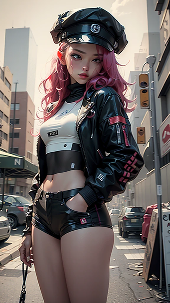 Beautiful woman medium hair, wearing cap, cyberpunk style short clothes