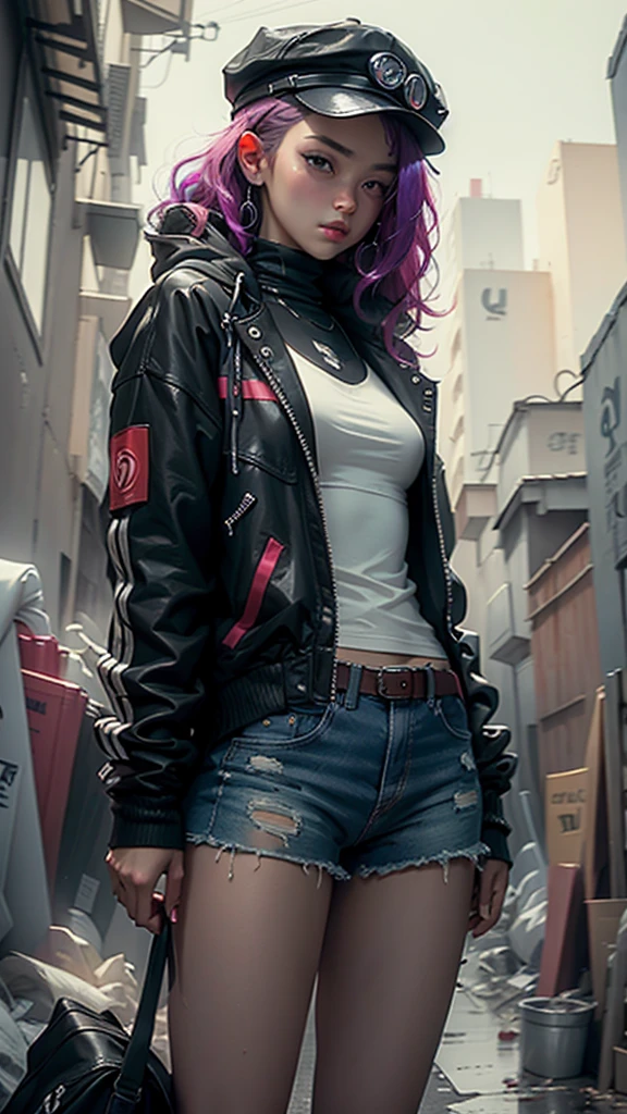 Beautiful woman medium hair, wearing cap, cyberpunk style short clothes