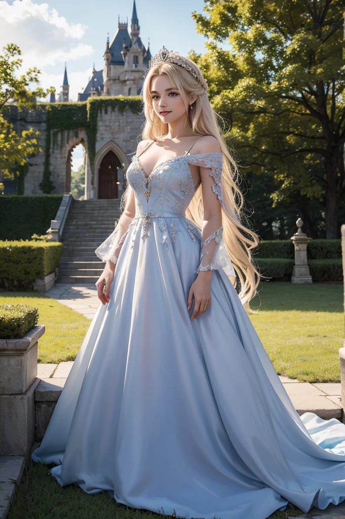 masterpiece, highres, high detailed,  intricate details, depth of field, 1 girl, queen, big royal crown, Coronation Gown, queen dress, Evening Gown, outdoor background. The background is a luxurious castle, mildly clouds, best sunlight. There are 2 long flower beds besides the path, queen is standing on the path. Her face is gorgeous, beautiful, confident. She wears a lot of luxury jelweries and hols her gown. She has blue eyes, platinum blonde long shining hair. Behind her is the castle. She smiles