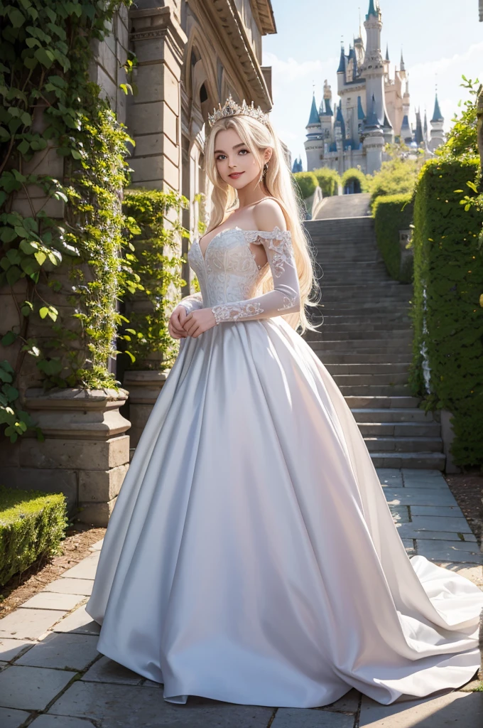 masterpiece, highres, high detailed,  intricate details, depth of field, 1 girl, queen, big royal crown, Coronation Gown, queen dress, Evening Gown, outdoor background. The background is a luxurious castle, mildly clouds, best sunlight. There are 2 long flower beds besides the path, queen is standing on the path. Her face is gorgeous, beautiful, confident. She wears a lot of luxury jelweries and hols her gown. She has blue eyes, platinum blonde long shining hair. Behind her is the castle. She smiles