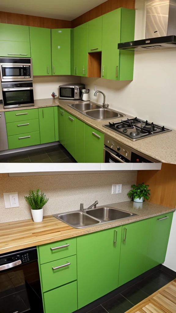 green kitchen with meals