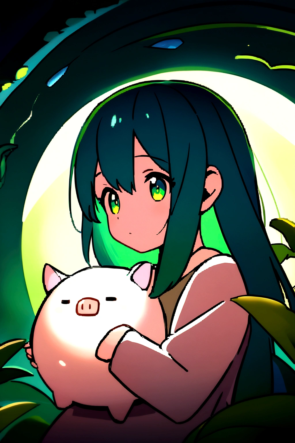 An anime girl with long green hair resembling nature and holding a giant earth piggy bank with one hand and dropping a coin with a plant printed on it on the globe