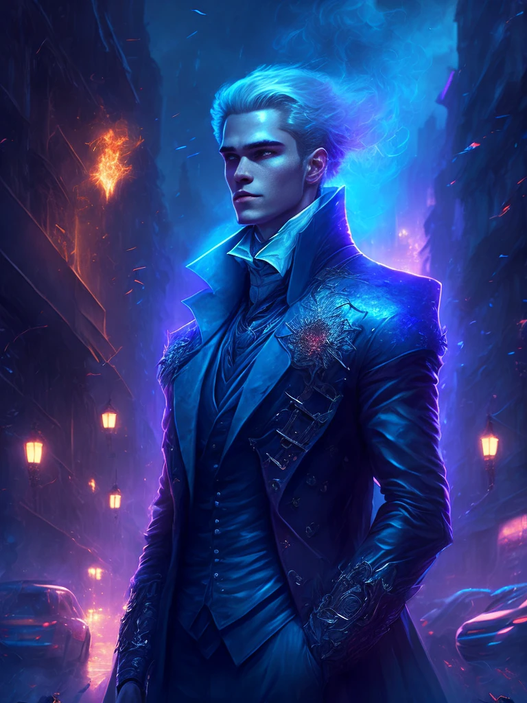 gloomy portrait of an aristocrat guy, the guy in the center stands tall, walks down the street, extremely detailed, futuristic cityscape, night, glowing neon lights, smoke, Sparks, metal shavings, flying debris, Blue Energy Effects, volumetric light, flying blood, burning eyes, blonde girl standing behind