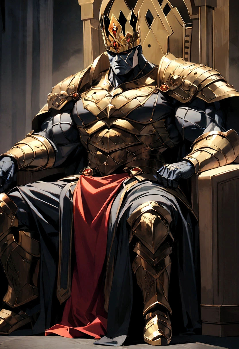 It creates a compelling image of King , the DC Comics character, in an intimidating and powerful pose, seated in a throne as a big king. Be sure to capture his unique appearance as a imposing musculature. Dress with an armor and a golden crown. Pay attention to the details of the texture of his skin and his fierce gaze. Make sure the image conveys its strength and imposing character