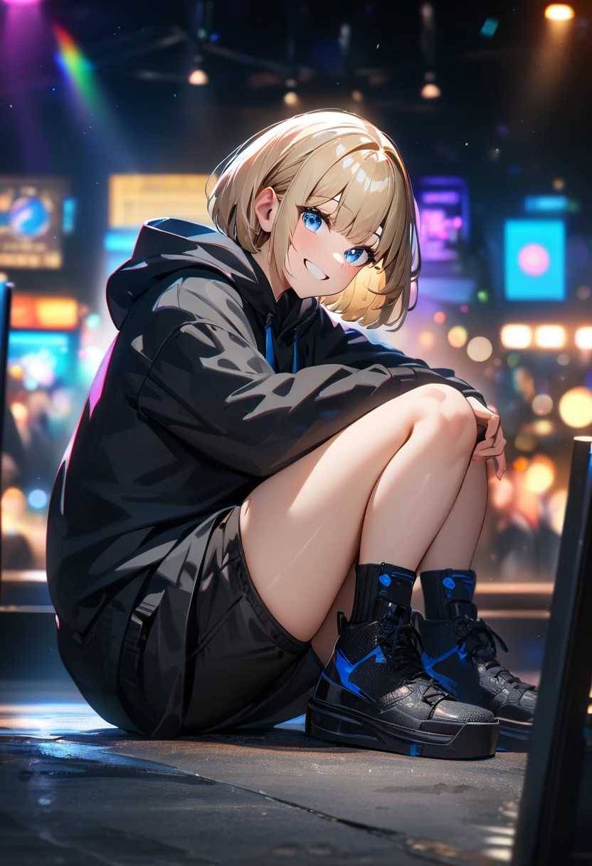 (((One girl))), Shibuya, street, blond hair, bob cut, (looking at viewer), (((full body))), squatting, spread legs, head rest, breasts, teenager, head tilt:1.3, (((blue eye))), constricted pupils, (from side:1.3), ((happy smile)), (((black hoodie:1.3, black shorts:1.3))), bare legs, ((black platform high cut sneakers)), anime style, (best quality, 4k, 8k, highres, masterpiece:1.2, ultra-detailed, ultra-detailed eyes, HDR, UHD, studio lighting, ultra-fine painting, sharp focus, physically-based rendering, extreme detail description, professional, vivid colors, bokeh)