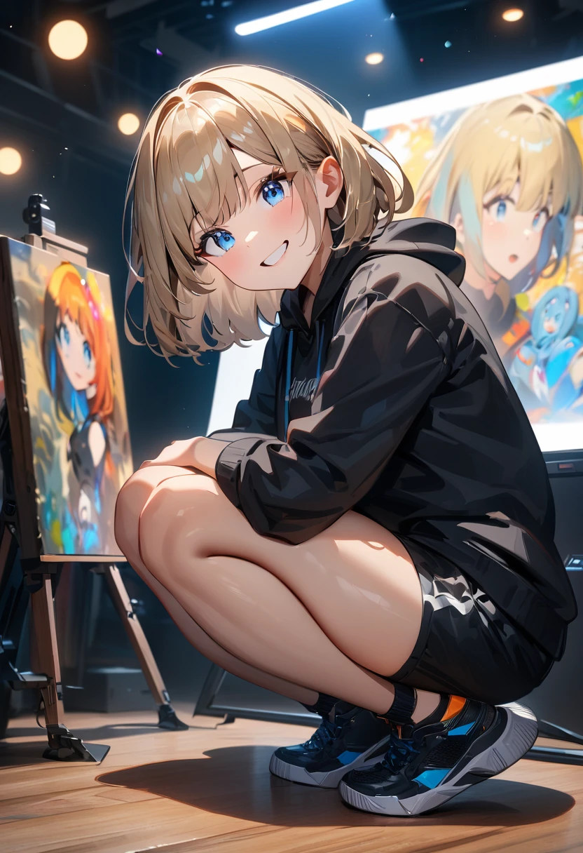 (((One girl))), Shibuya, street, blond hair, bob cut, (looking at viewer), (((full body))), squatting, spread legs, ((arm between legs)), breasts, ager, head tilt:1.3, (((blue eye))), constricted pupils, (from side:1.3), ((happy smile)), (((black hoodie:1.3, black shorts:1.3))), bare legs, ((black platform high cut sneakers)), anime style, (best quality, 4k, 8k, highres, masterpiece:1.2, ultra-detailed, ultra-detailed eyes, HDR, UHD, studio lighting, ultra-fine painting, sharp focus, physically-based rendering, extreme detail description, professional, vivid colors, bokeh)
