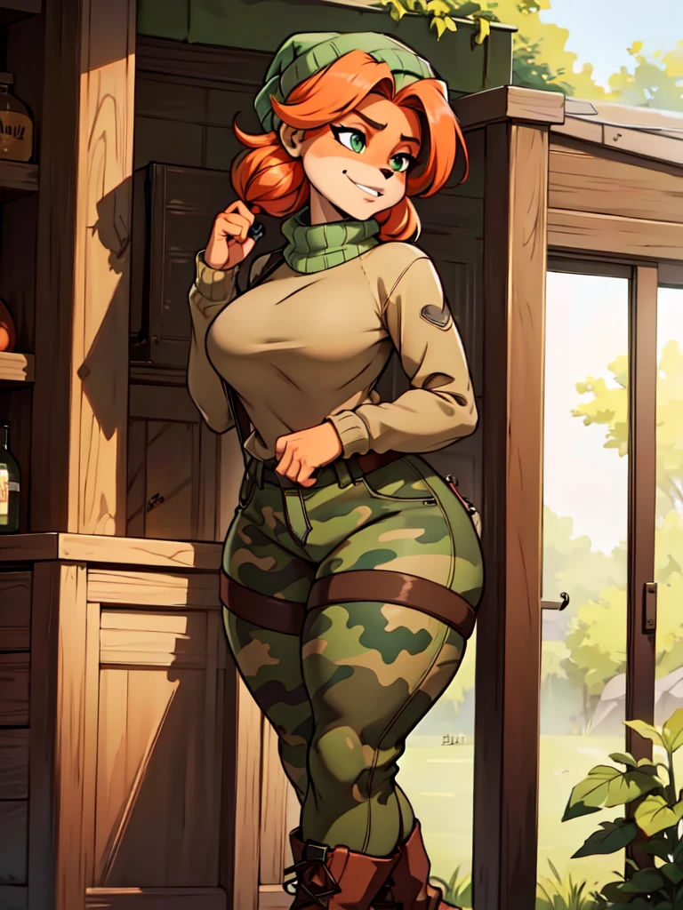 (best quality,4k,8k,highres,masterpiece:1.2),ultra-detailed,realistic:1.37,portrait, sancy anthro bandicoot girl redhead, braided hair, beautiful green eyes, sexy ,seductive, warm sweater, beanie-balaclava, camouflage pants, army boots, smirking, cozy lighting, vibrant colors ,girl anthro , sweater, beanie-balaclava, camouflage pants, army boots, hants to pants zip up
