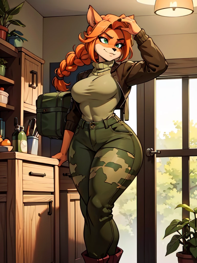 (best quality,4k,8k,highres,masterpiece:1.2),ultra-detailed,realistic:1.37,portrait, sancy anthro bandicoot girl redhead, braided hair, beautiful green eyes, sexy ,seductive, warm sweater, beanie-balaclava, camouflage pants, army boots, smirking, cozy lighting, vibrant colors ,girl anthro , sweater, beanie-balaclava, camouflage pants, army boots, hants to pants zip up
