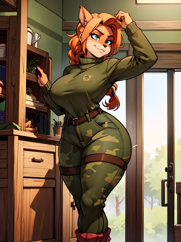 (best quality,4k,8k,highres,masterpiece:1.2),ultra-detailed,realistic:1.37,portrait, sancy anthro bandicoot girl redhead, braided hair, beautiful green eyes, sexy ,seductive, warm sweater, beanie-balaclava, camouflage pants, army boots, smirking, cozy lighting, vibrant colors ,girl anthro , sweater, beanie-balaclava, camouflage pants, army boots, hants to pants zip up