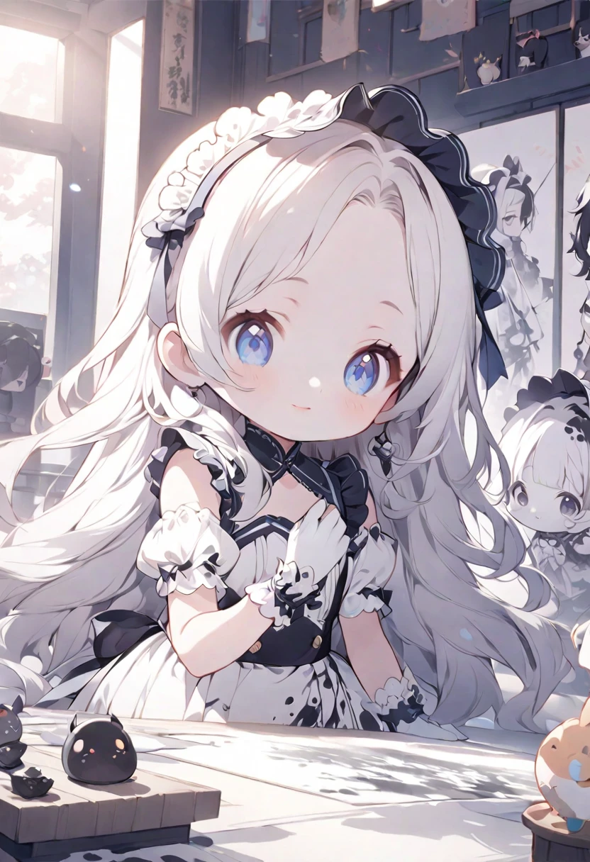 ink painting, Black and White, (artwork), (Amazing work), (Indirect Linear Lighting), (Chibi-cute Studio), (Gif cute anime), (cute Lovely kawaii), (Extremely detailed CG 8k unit wallpaper), (1 Girl) Wearing cute clothes, long hair,Wearing a cute frilly headdress, Wearing silk gloves, White skin, (Lovely kawaii)