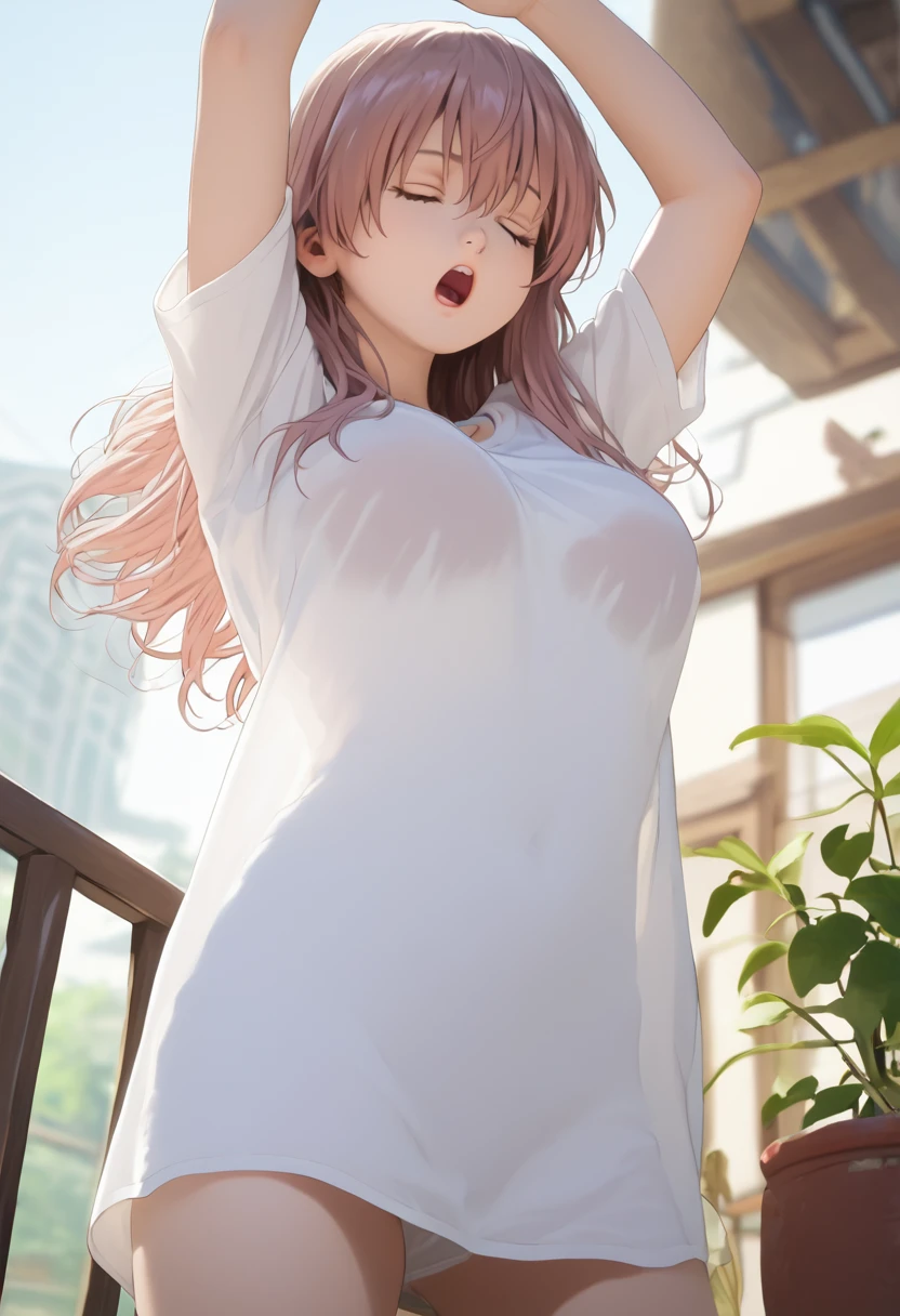 score_9,score_8_up,score_7_up,masterpiece,best quality, source anime, photorealistic, hyperrealistic, 8k,photo,raw,super detailed, extreme detailed, rating_explicit,
1girl, standing, (arms up, Stretching), Yawning, covering mouth, cowboy shot, from below,
BREAK girl, shouko nishimiya, 18yo, long hair, pink brown hair, bangs between eyes, brown eyes, (large breasts:0.9),
shiny hair, beautiful detailed eyes, beautiful face,
white long shirt, see through, oversized clothes, (zettai ryouiki:1.4), bare thighs,
sleepy, (closed eyes:1.2), wide open mouth,
outdoors, Apartment balcony, morning, sunlight,