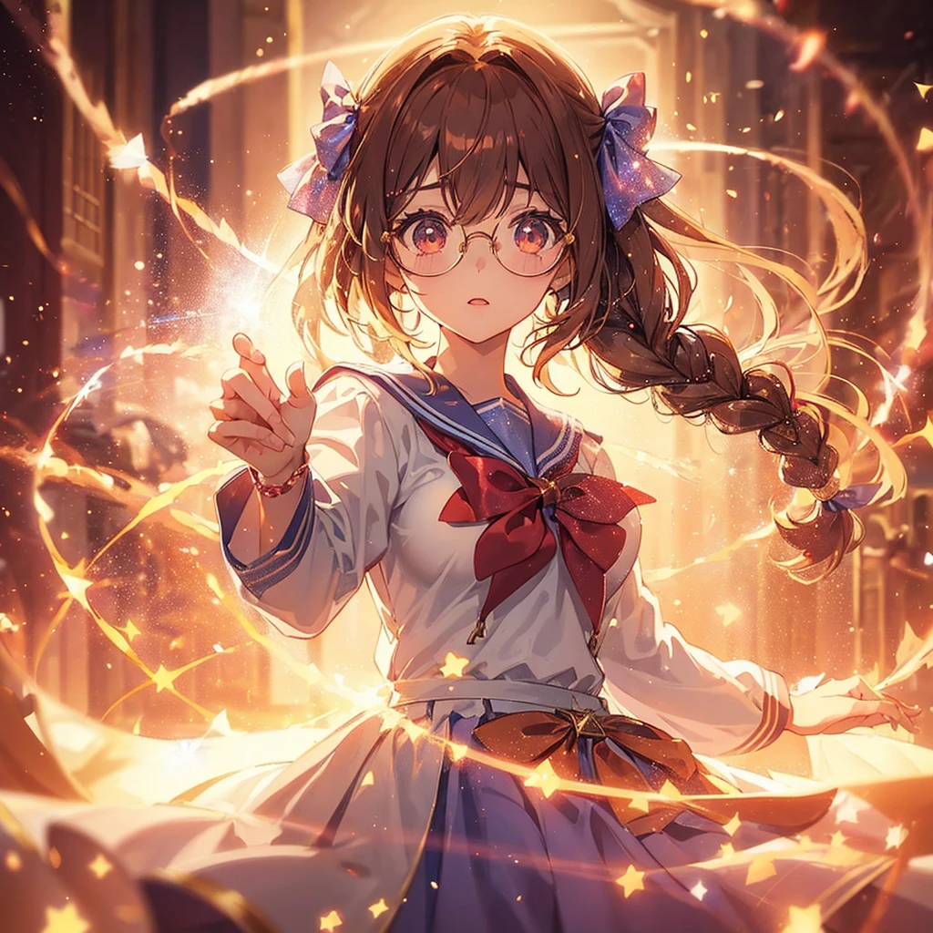 1girl, magical girl, transformation scene, glasses, brown eyes, long brown hair in single braid, sailor uniform with blue collar and skirt, red neckerchief, ((shimmering light particles:1.2) enveloping the girl's body), (large breasts), large buttocks, voluptuous, bright beams of light in the background