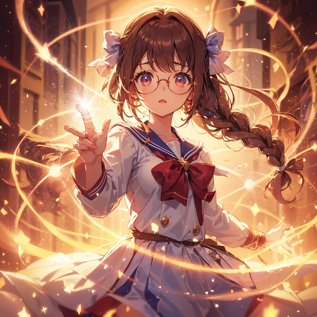 1girl, magical girl, transformation scene, glasses, brown eyes, long brown hair in single braid, sailor uniform with blue collar and skirt, red neckerchief, ((shimmering light particles:1.2) enveloping the girl's body), (large breasts), large buttocks, voluptuous, bright beams of light in the background