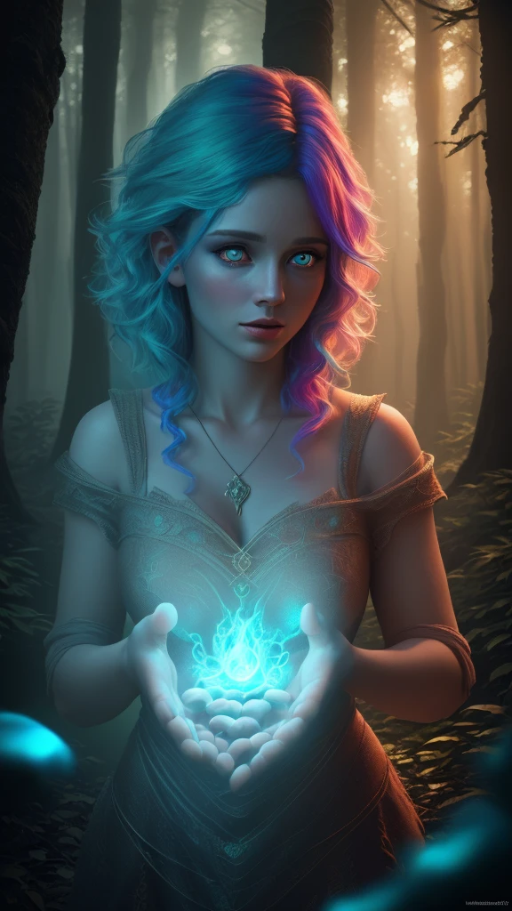 (best quality,4k,8k,highres,masterpiece:1.2),ultra-detailed,(realistic,photorealistic,photo-realistic:1.37),female with glowing teal eyes,rainbow colored hair,casting glowing spells,mystical forest,illustration,enchanted atmosphere,vibrant colors,soft lighting
