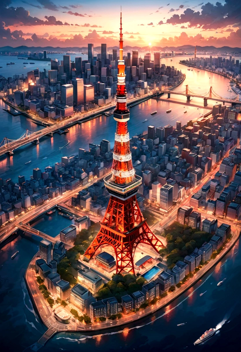 (Highest quality)(Masterpiece)(Please place Tokyo Tower on the left edge of the picture.)、Tokyo Bay、sunset
