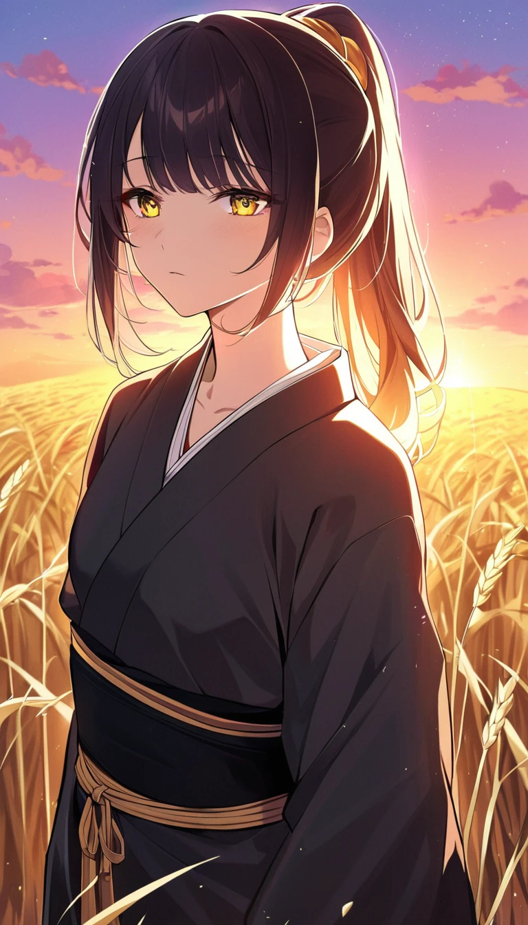 A girl in a kimono stands expressionless in a wheat field up to her waist, Black kimono with gold rimming, her hair is tied in a ponytail, Yellow Eyes, The sunset in her eyes, The light hits her face, Half landscape orientation to the camera