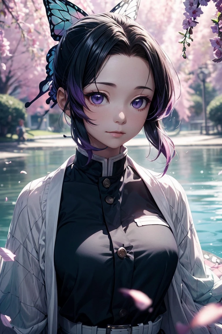 Highly detailed and high resolution masterpiece by Shinobu Kocho, Beautiful yet terrifying dynamic action from the Demon Slayer Corps. There were some butterflies in her voyeur., Highlight the intricate details of the butterfly-themed costume and the intense expressions on the face. Set the scene at dusk, A calm lake and cherry blossom petals in the background. Using rich colors and three-dimensional light、Expressing mysterious beauty and strength。.