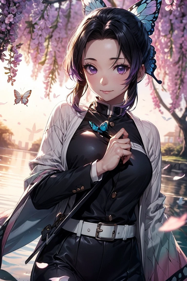 Highly detailed and high resolution masterpiece by Shinobu Kocho, Beautiful yet terrifying dynamic action from the Demon Slayer Corps. There were some butterflies in her voyeur., Highlight the intricate details of the butterfly-themed costume and the intense expressions on the face. Set the scene at dusk, A calm lake and cherry blossom petals in the background. Using rich colors and three-dimensional light、Expressing mysterious beauty and strength。.