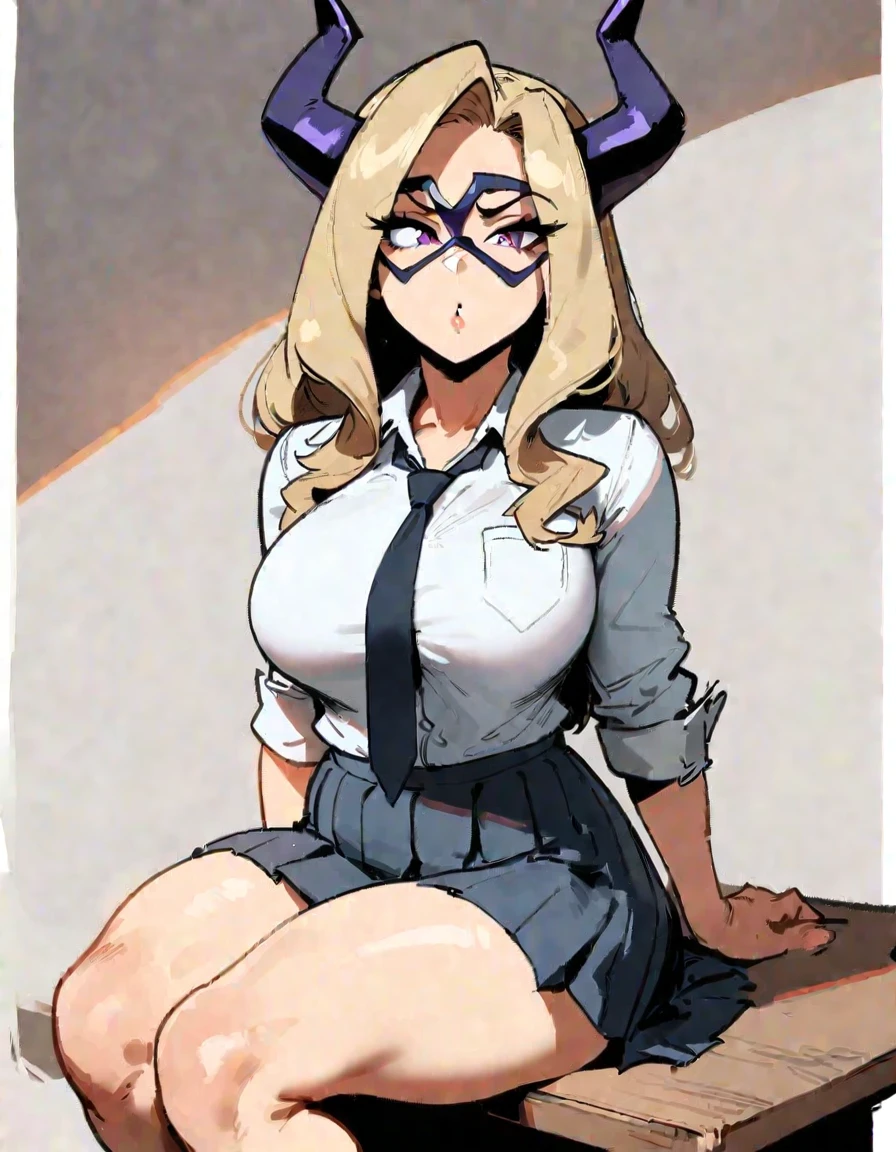 1girl, mount lady, boku no hero academia \\\\\ masterpiece, best quality, very aesthetic, absurdres, newest \\\\\\ sportive body, \\\\\\ by dodok, nyantcha, cutesexyrobutts, by khyle ///// blonde, purple eyes, (school uniform:1.2)