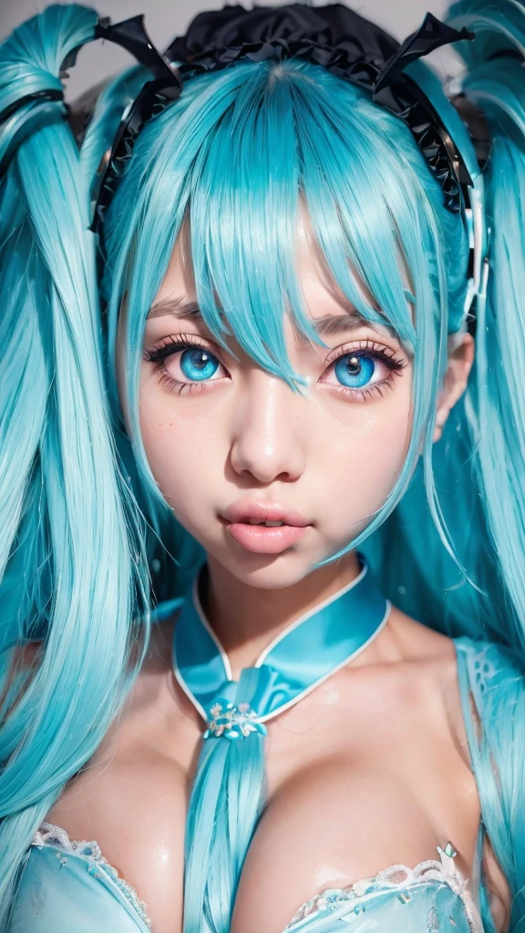 a beautiful detailed portrait of Hatsune Miku, long blue pigtails, big expressive eyes, detailed facial features, cute expression, detailed beautiful skin, intricate outfit, colorful background, vibrant colors, cinematic lighting, elegant, photorealistic, 8k, highest quality