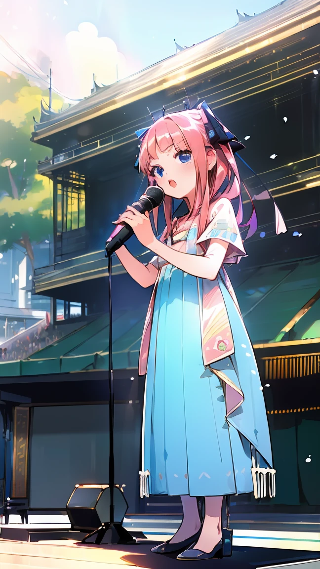 ((masterpiece, best quality)),very detailed, simple eyes, ((((outdoors,standing)))), (((blue eyes))), 1girl, (((kawai dress))), (((sing))), (((stage live live))), (((use microphone))),, nakano nino, 4k, extremely fine illustration, pink silky hair, hair ribbons