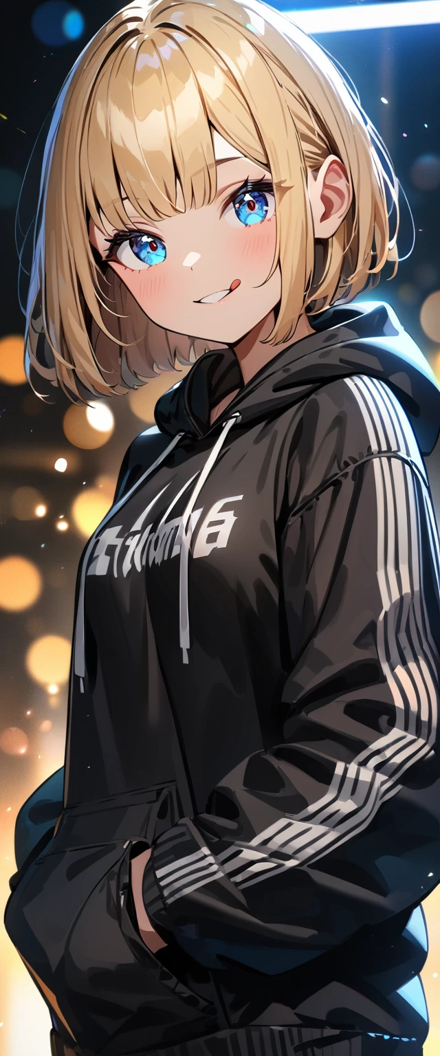 (((One girl))), blond hair, bob cut, (upper body), (looking at viewer), breasts, teenager, head tilt:1.3, (((blue eye))), (from side), hand in pocket, ((happy smile)), tongue out, black hoodie, black shorts, anime style, (best quality, 4k, 8k, highres, masterpiece:1.2, ultra-detailed, ultra-detailed eyes, HDR, UHD, studio lighting, ultra-fine painting, sharp focus, physically-based rendering, extreme detail description, professional, vivid colors, bokeh)
