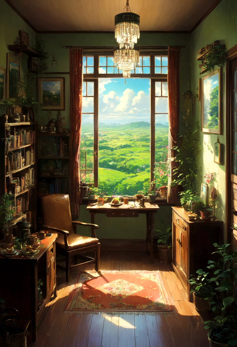 A room in an old Western-style house。Old leather chair、Only a dusty chandelier remained、A very spacious space。but、If you look closer、In the center of the room、The room has the exact same layout as this one.、There is another house。そのInside the houseにも、There is also a small house、そのInside the houseにも…というように、Just like a matryoshka、unlimitedに家が続いていく。Outside the window、It seems unreal、A distorted landscape spreads out before me。美しいAnime Scenery, Landscape painting, Beautiful digital painting, Andreas Rocha, Beautiful artwork illustration, Awesome Wallpapers, Raymond Han, Tall beautiful paintings, Studio Ghibli Makoto Shinkai, Beautiful Wallpapers, Anime Scenery, unlimited, get lost, Inside the house, Reality and Unreality, wonder, Humans don't draw