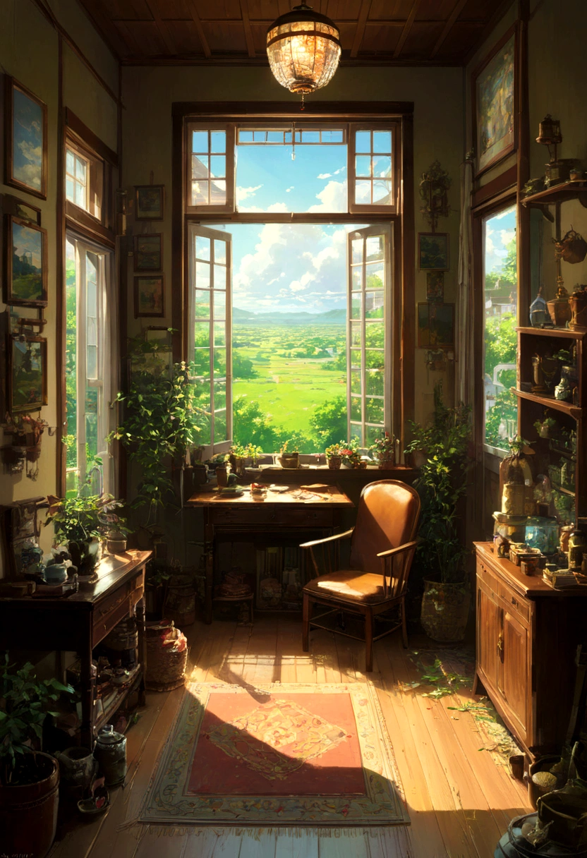A room in an old Western-style house。Old leather chair、Only a dusty chandelier remained、A very spacious space。but、If you look closer、In the center of the room、The room has the exact same layout as this one.、There is another house。そのInside the houseにも、There is also a small house、そのInside the houseにも…というように、Just like a matryoshka、unlimitedに家が続いていく。Outside the window、It seems unreal、A distorted landscape spreads out before me。美しいAnime Scenery, Landscape painting, Beautiful digital painting, Andreas Rocha, Beautiful artwork illustration, Awesome Wallpapers, Raymond Han, Tall beautiful paintings, Studio Ghibli Makoto Shinkai, Beautiful Wallpapers, Anime Scenery, unlimited, get lost, Inside the house, Reality and Unreality, wonder, Humans don't draw