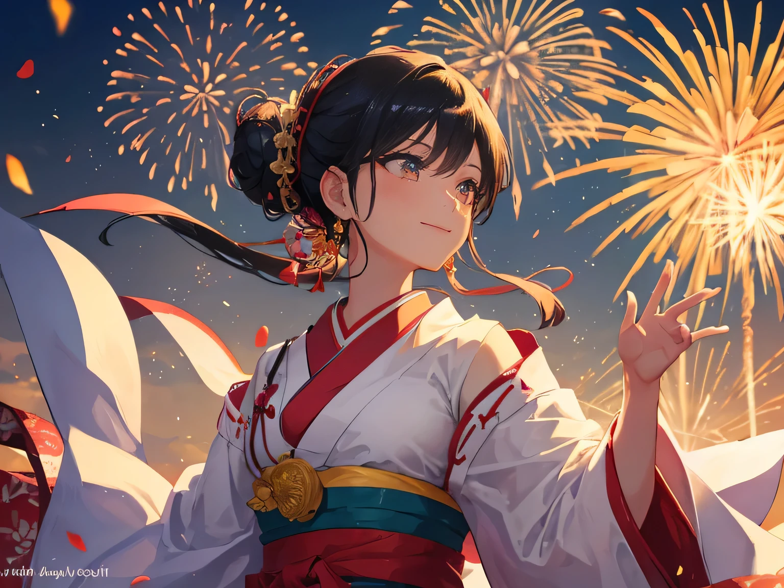 black hair, hair bun, kanzashi, eye reflection, earrings, light smile, bright pupils, anime style, first-person view, textured skin, masterpiece, high details, best quality, wearing traditional Japanese costume, large breasts, floral embroidery, Japanese style, white shoulders, Pearl Necklace, background(fireworks)