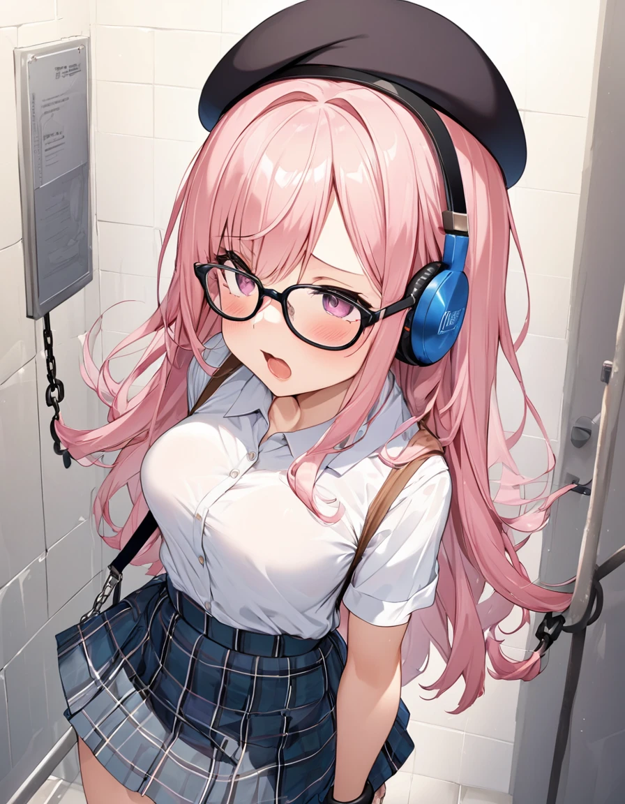 BREAK Perfect Anatomy、Highest quality、(cute:1.1)、(cute)、(High resolution:1.2)、Unbelievably absurd:1.3、Incredible illustrations、(cuteイラスト:1.2)、nsfw,(Beautiful background、Public toilet、1girl(Pink hair、Very Long、beret、Cotton shirt、Check skirt、school bag、Glasses、Headphones,height 1.2meters, short stature 25kg,shackles,restrained)((((vulgarity))))( Sex preparation:1.2、suspended congress),pussy juice:1.2,