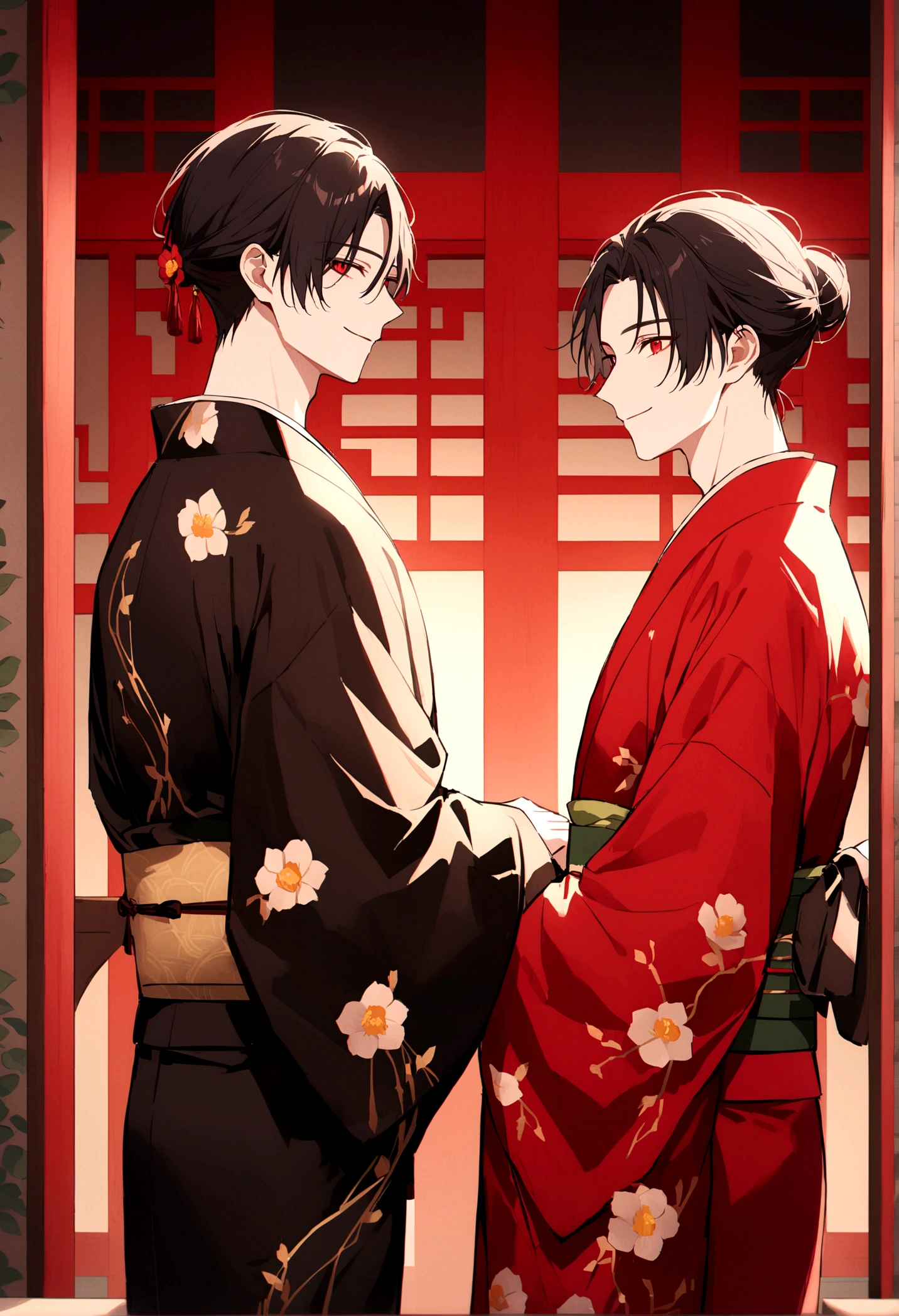 ((Red eyes))、引きつけるRed Eyes、smile、Crimson Eyes、Beautiful man、neutral、Black Hair、(Red Eyes)、Kimono with camellia pattern、smile、The nape is a little long、Serene atmosphere、beautiful、Are standing、ephemeral