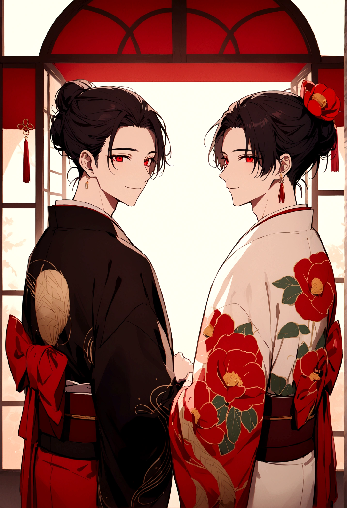 ((Red eyes))、引きつけるRed Eyes、smile、Crimson Eyes、Beautiful man、neutral、Black Hair、(Red Eyes)、Kimono with camellia pattern、smile、The nape is a little long、Serene atmosphere、beautiful、Are standing、ephemeral